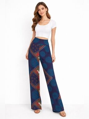 Bobbie Brooks Navy & Teal Wide-Leg Printed Palazzo Pants